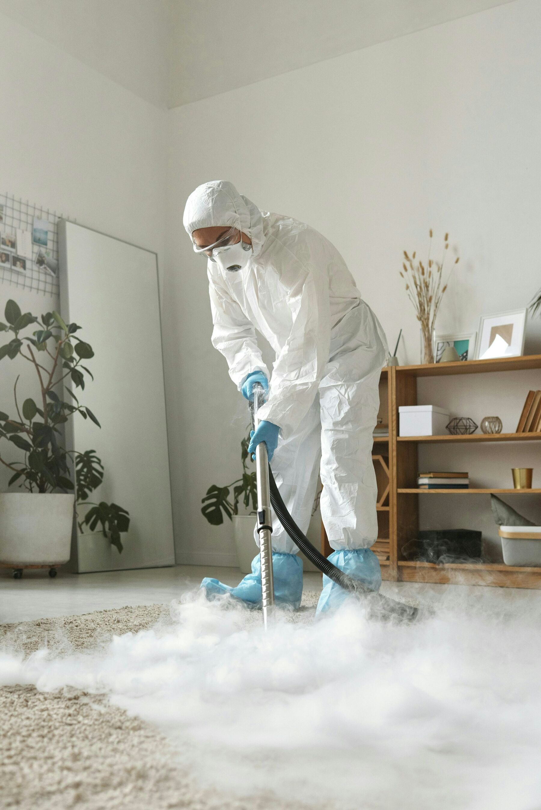Technician in protective gear steam cleaning a lounge room carpet